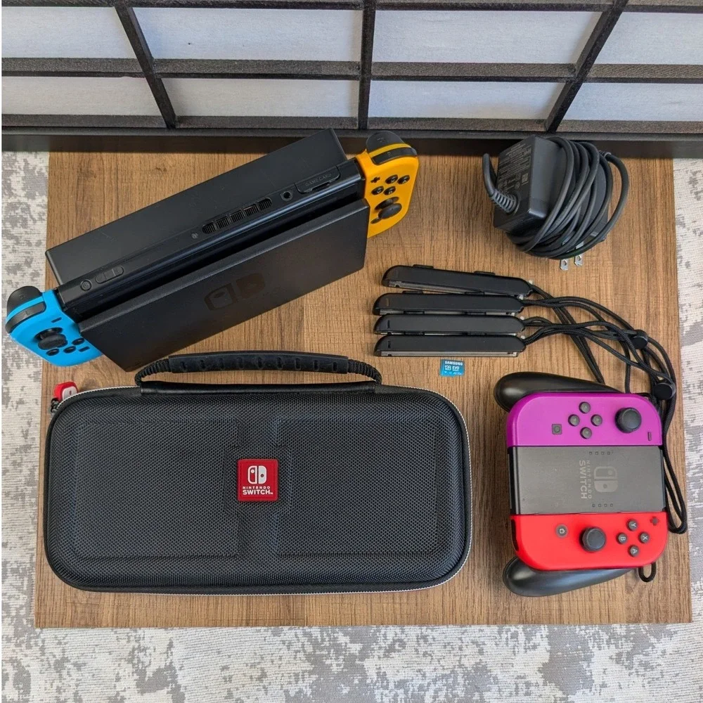 Nintendo Switch HAC-001 Bundle 4 Joy-Cons 128GB SD Card Dock Case Neon Colors